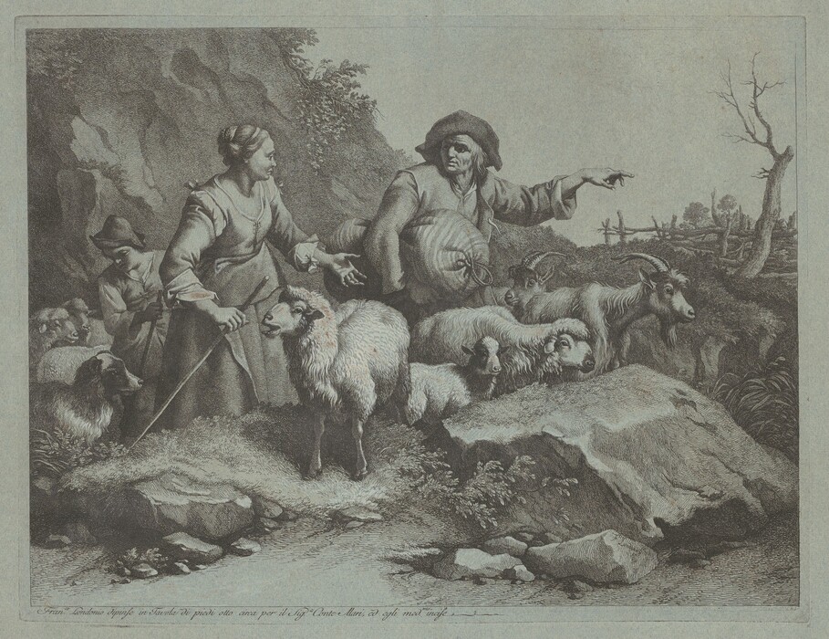 The image shows a pastoral scene featuring a group of shepherds and their flock. The horizon line is visible with a wooden fence and some leafless trees, suggesting a countryside setting. The artwork is an etching with detailed cross-hatching creating textures and shades. The color palette consists of neutral tones like brown and gray. In the foreground, there are sheep and goats with their shepherds, one woman gesturing while the others tend to the animals. In the background, rocky outcrops and foliage can be seen.
