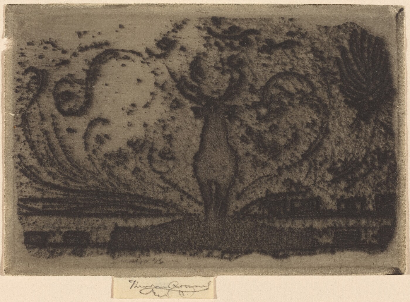 The image depicts swirling and curly lines and shapes spread across the canvas. In the center, a silhouette resembling a deer with antlers is visible against a textured backdrop. The patterns give an abstract appearance, resembling curly plant tendrils or streams of air.