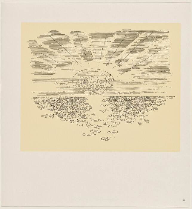 The image shows a front-facing view with a symmetrical composition. The central horizon intersects with a sun displaying a skull-like pattern. Linear brushstrokes radiate from the sun in the sky. The water surface is depicted with swirling lines resembling ocean waves. The color palette includes black lines on a pale yellow background.