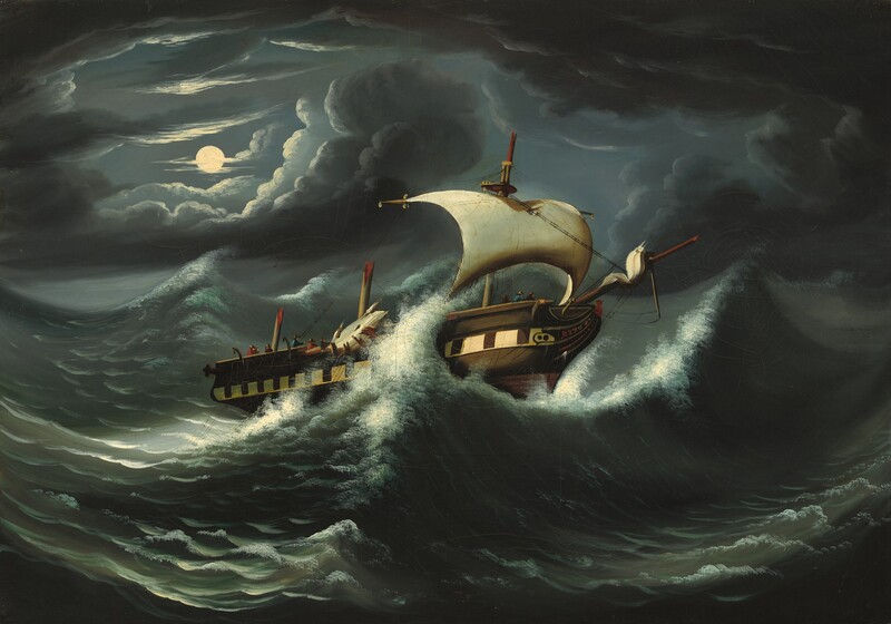 Waves surge up the sides of a masted ship illuminated by moonlight in this horizontal painting. The bow is angled to our right, and a wave breaks onto the deck as the ship tips away from us. Two of the frigate’s masts are broken close to the deck so nothing of the sails remain, and only the lowest sail near the ship’s bow remains beneath a partially broken mast. The bowsprit, which angles up and diagonally off the bow, is also fragmented. Men pull on rigging or stand the gunwale at the edge of the deck. Other waves heave like mountains across the painting in shades of slate and gunmetal blue. The horizon comes about halfway up the composition, and muted, dark blue clouds edged with cream white swirl like a vortex around the full moon, which is in the upper left quadrant of the painting.