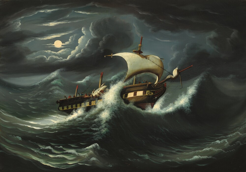 Waves surge up the sides of a masted ship illuminated by moonlight in this horizontal painting. The bow is angled to our right, and a wave breaks onto the deck as the ship tips away from us. Two of the frigate’s masts are broken close to the deck so nothing of the sails remain, and only the lowest sail near the ship’s bow remains beneath a partially broken mast. The bowsprit, which angles up and diagonally off the bow, is also fragmented. Men pull on rigging or stand the gunwale at the edge of the deck. Other waves heave like mountains across the painting in shades of slate and gunmetal blue. The horizon comes about halfway up the composition, and muted, dark blue clouds edged with cream white swirl like a vortex around the full moon, which is in the upper left quadrant of the painting.