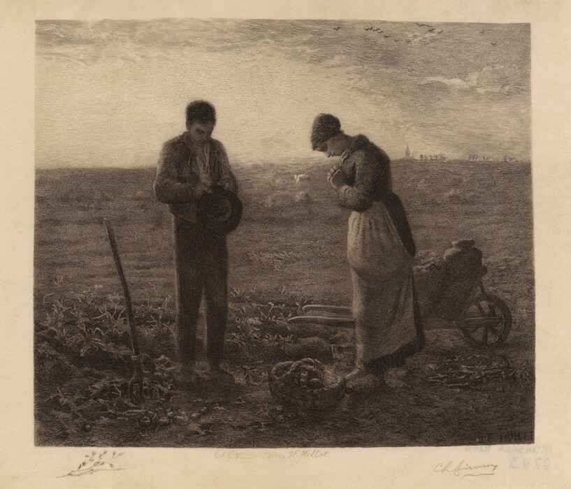 The image shows a view from slightly above ground level of two figures standing in an open field. The horizon is towards the upper third of the image, with the field stretching towards distant trees and structures under a cloudy sky. A man with a hat stands next to a woman who is bowing her head with hands clasped, near a scattered array of dug-up turnips and a resting wheelbarrow. The art style appears to use fine strokes resembling hand-drawn etching, with intricate details in the clothing and features of the individuals. The color scheme is monochromatic, using shades of sepia or brown to create an earthy and subdued atmosphere in the rural setting.