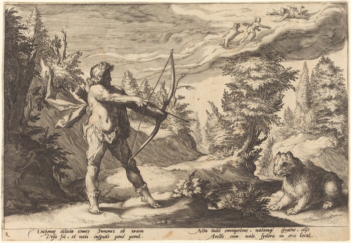 The image shows a muscular figure preparing to shoot an arrow from a large bow. The landscape features trees and other figures or animals on what seems to be clouds in the top right corner. The style is precise with fine lines and detailed textures, resembling an engraving. The color palette consists of shades of black, gray, and the paper color for contrast. Cross-hatching is used for detail in trees and the figure's muscles.