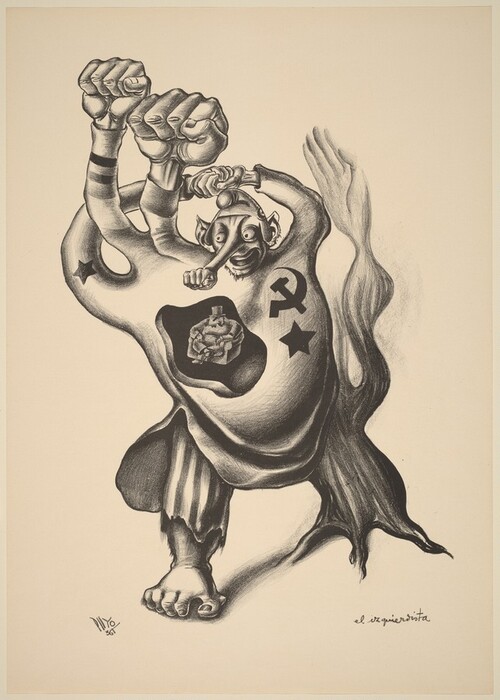 This is a drawing of a surreal figure with exaggerated features. The figure has oversized fists raised above its head, and its facial expression is exaggerated with a long nose and prominent eyes. The character's attire includes symbolic elements such as a hammer and sickle, stars, and an image within its torso depicting a smaller figure sitting on a mound. The overall composition is dynamic and filled with a sense of motion, suggested by the posture and flowing lines of its clothing.
