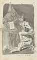 Created with black ink and gray washes on cream-white paper, this drawing shows a person with a pig’s face sitting astride the shoulders of a person with goat’s legs, both looking at a book held open by two people wearing robes and tall, conical hats. The creature with goat's legs sits on the floor, legs stretched in front of it. It grips the ankles of the pig-headed person, who looks at the book with with palms raised to shoulder height and facing out. The robed people hold the book open with long pincers and look at the pair of imaginary creatures with their eyes and mouths wide open. On the cloth draping over the table, three faces are drawn side-by-side, also with wide-open eyes and mouths. A skull rests on the floor near the lower left corner. The title is written in the center of the margin of the white paper under the image, “Brujas,” and to the right, in brown ink, “à bolar.”