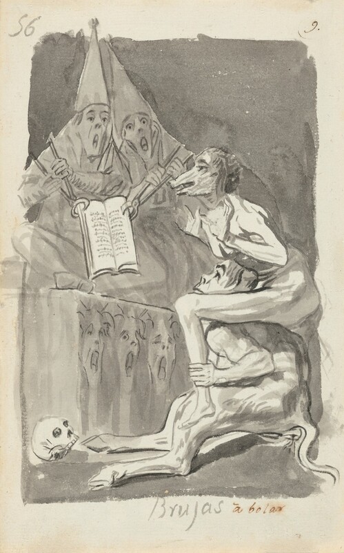 Created with black ink and gray washes on cream-white paper, this drawing shows a person with a pig’s face sitting astride the shoulders of a person with goat’s legs, both looking at a book held open by two people wearing robes and tall, conical hats. The creature with goat's legs sits on the floor, legs stretched in front of it. It grips the ankles of the pig-headed person, who looks at the book with with palms raised to shoulder height and facing out. The robed people hold the book open with long pincers and look at the pair of imaginary creatures with their eyes and mouths wide open. On the cloth draping over the table, three faces are drawn side-by-side, also with wide-open eyes and mouths. A skull rests on the floor near the lower left corner. The title is written in the center of the margin of the white paper under the image, “Brujas,” and to the right, in brown ink, “à bolar.”