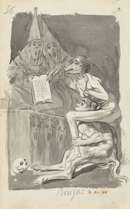 Created with black ink and gray washes on cream-white paper, this drawing shows a person with a pig’s face sitting astride the shoulders of a person with goat’s legs, both looking at a book held open by two people wearing robes and tall, conical hats. The creature with goat's legs sits on the floor, legs stretched in front of it. It grips the ankles of the pig-headed person, who looks at the book with with palms raised to shoulder height and facing out. The robed people hold the book open with long pincers and look at the pair of imaginary creatures with their eyes and mouths wide open. On the cloth draping over the table, three faces are drawn side-by-side, also with wide-open eyes and mouths. A skull rests on the floor near the lower left corner. The title is written in the center of the margin of the white paper under the image, “Brujas,” and to the right, in brown ink, “à bolar.”
