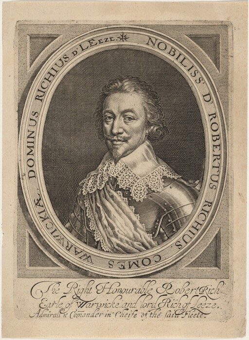 The image is an engraved portrait of a man. He is shown from the upper body up, facing slightly to his left with calm expression. He has a neatly trimmed mustache and beard, curly medium-length hair, and is wearing period attire indicating nobility, possibly armor with a sash. The background is a simple pattern with an oval frame and text. The image is set on aged paper with an inscription at the bottom stating: "The Right Honourable Robert Rich, Earle of Warwike and Lord Rich of Leez, Admiral & Commander in Cheife of the sea Fleete."