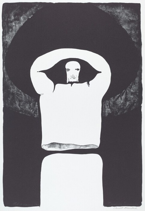 The image features bold, organic shapes and lines with stark black and white contrasts creating an abstract composition. The central figure's form is reminiscent of a hooded person or a draped cloth over a human-like figure. The elongated shape of the arms, along with the rounded head form at the top, evokes the appearance of an abstracted human figure. The large black semi-circle at the top suggests a wide-brimmed hat or a halo. The overall design uses negative space to highlight shapes forming a familiar yet otherworldly figure.