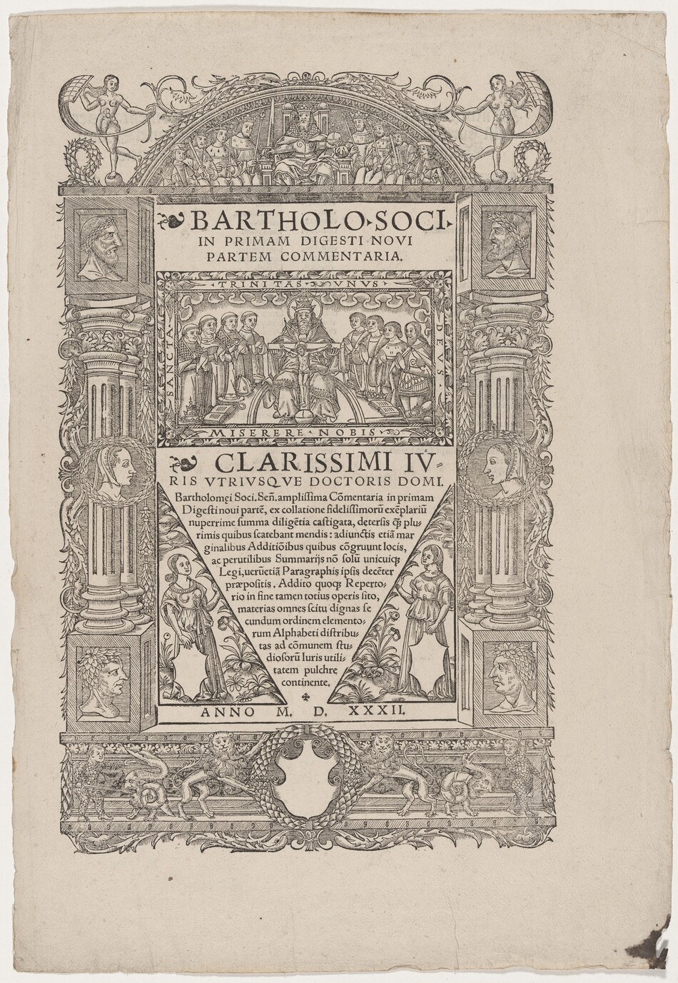 This is a drawing of a decorative text page. The page features intricate and detailed artwork surrounding and incorporating text sections. It includes symmetrical columns of ornate scrollwork and classical motifs on both sides, containing panels with carved figures and faces. Above the central text is a detailed vignette showing a scene of individuals gathered around a seated figure in a semi-lit environment. Additional smaller illustrations, including archers with bows aiming outward, decorate the top area of the design. The use of Latin text and elaborate framing suggests a work intended to convey authority and knowledge. At the bottom is the year "M. D. XXXII," indicating 1532 in Roman numerals.