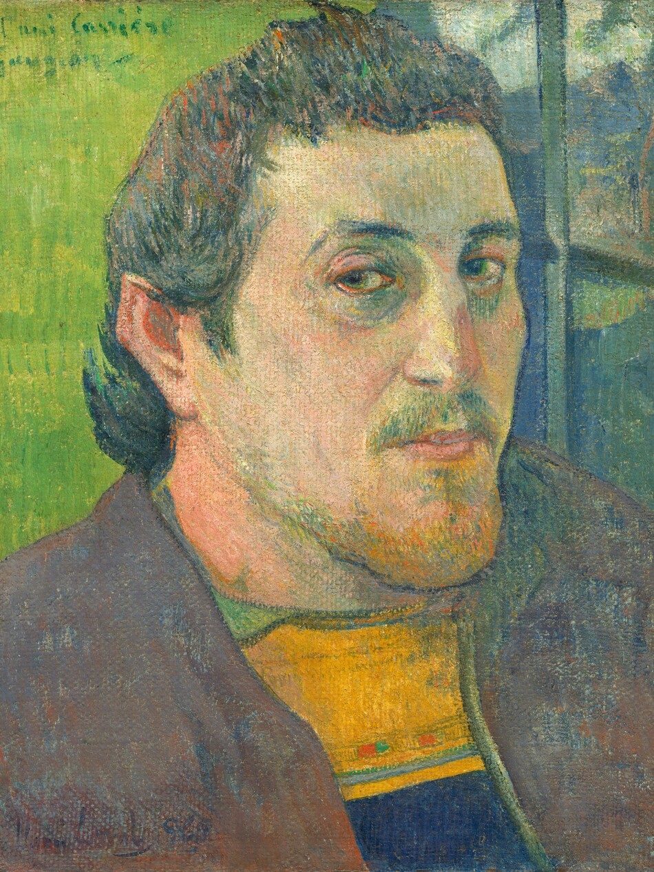 Painted in muted lime green, plum purple, buttercup yellow, slate and royal blue, the head and shoulders of a man with peach-colored skin sitting in front of a window looks at us in this stylized, vertical portrait. His body and face are angled to our right but he looks at us from the corners of his eyes, which are grass-green with touches of yellow. One cobalt-blue eyebrow is cocked, and shading in denim blue, butter yellow, and fern green create hollows under both eyes. His flat nose has a broad bridge, and his pale pink lips are closed, the far corner pulled slightly up. His mustache is painted with visible strokes of forest green and his ginger-orange beard is trimmed along his prominent, jutting chin. His short, dark hair is brushed back from his temples and is painted with strokes of pine green, navy blue, and coral orange. His shirt has a wide, golden yellow stripe along the collar above indigo blue, under a grayish-violet purple jacket. The wall over his shoulder, in the upper left corner, is painted vivid lime green with long, vertical brushstrokes. The view through the window beyond his other shoulder is of vegetation and mountains. The portrait is painted with visible brushstrokes throughout, and is especially loose in the background, hair, and jacket. An inscription in dark green script in the upper left reads, “a l'ami Carriere PGauguin.” A second inscription in the lower left is written with dark brown paint: “l'ami Laval PGo.”
