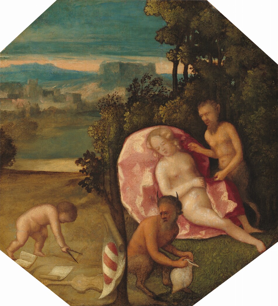 A nude woman, pudgy child, and two satyrs, which have men’s heads and torsos with goat’s legs and horns, are in a landscape in this octagonal painting. The scene is divided in half by a tree stump which only reaches to the center of the composition. To the left of the stump, the pale-skinned, nude child stands and hunches over to draw on the ground with a V-shaped compass. Two pieces of paper and a violin lie nearby. The landscape behind him has a body of water leading back to a town with buildings streaked with peach, perhaps flames. A band of peach sky separates the blue silhouettes of mountains lining the horizon from the vivid blue sky above. At the bottom center of the painting, a shield with an oval horizontally striped with red and white leans on the boy’s side of the tree, which has one leafy branch growing on the left side. One satyr holds a jug and kneels close to the tree with his back to it as he looks back over one shoulder. He and the other satyr both have dark, peach-toned skin and full beards. The second satyr hovers to the right of the nude, sleeping woman, both hands reaching for her or the rose-pink cloth surrounding her. The woman has blond curls, a round face, and she sleeps with one hand resting across her belly and her head tipped to our left. The trio are on a grassy area enclosed by dense, dark-green bushes and trees.
