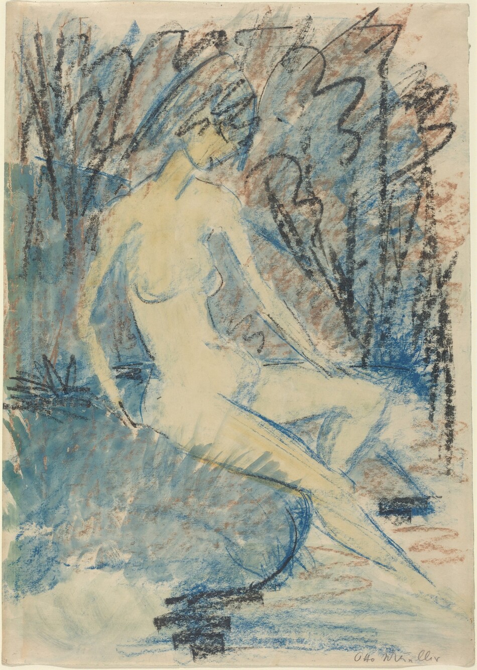 The image features sweeping and curving lines outlining an abstract figure. The composition suggests a seated human form with elongated limbs and a tilted head. Background elements are depicted as soft wisps and jagged lines, conveying a sense of foliage or a garden setting. The use of muted blues and browns adds to the serene atmosphere.