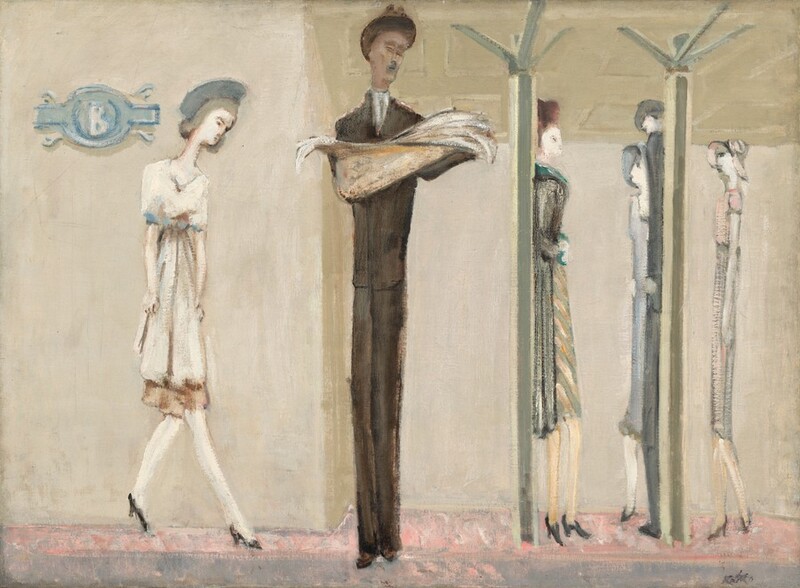 Six stylized, elongated, thin men and women stand spaced across a shallow platform in front of a cream-colored wall under a ceiling supported by two columns in this horizontal painting. The overall color palette is dominated by white, tan, light steel blue, and pale blush pink. Most of the people have smooth, ivory-white skin but one man, to our left of center, has light brown skin. He stands facing us wearing an ash-brown suit with a white shirt, a tie, and a brown fedora hat. He looks down at the open newspaper he holds in front of him. The four women wear dresses or skirts to just below the knee with high heeled, black pumps. Some wear coats and hats. To our left of the man with the newspaper, a woman takes a step on spindly feet so she faces our right in profile, arms down by her sides. One woman stands against one of the columns to our right and another, wearing a sky-blue dress and hat, stands next to the other column alongside a man wearing a charcoal-gray suit. A slate-blue, oval medallion with a white letter B at the center hangs on our wall to our left. The floor under the people is cotton candy-pink farther away from us, beyond a band of smoke gray along the bottom edge of the canvas. The artist's name, "Rothko," is painted in smudged black letters in the lower right corner.