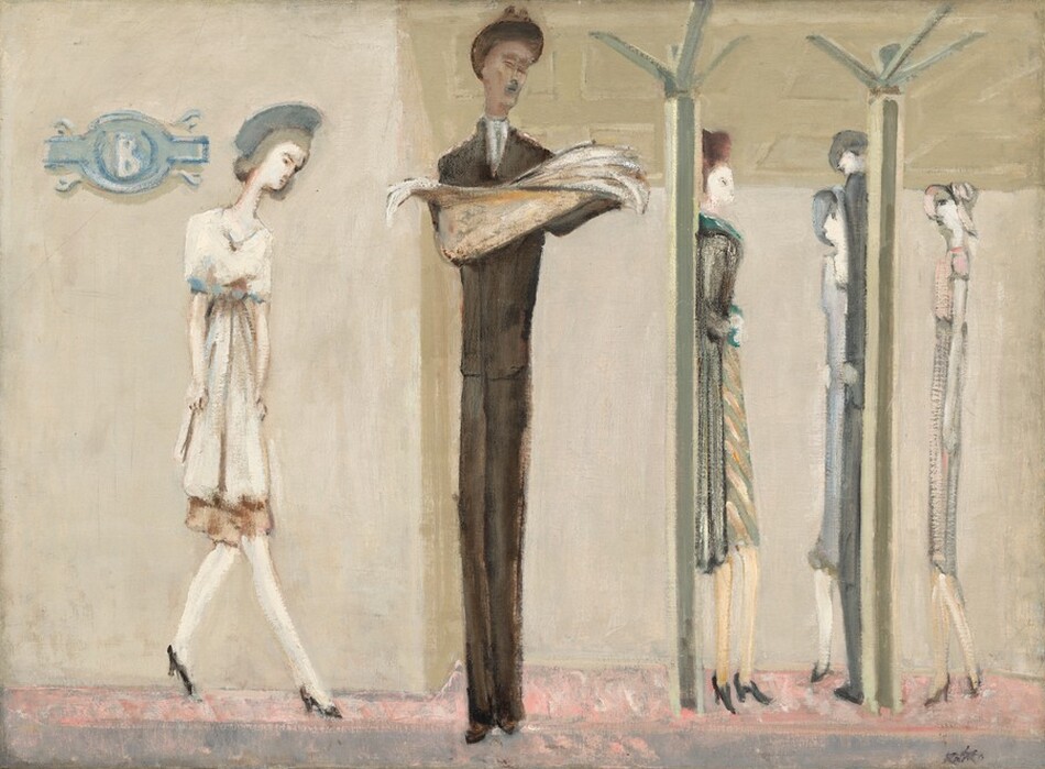 Six stylized, elongated, thin men and women stand spaced across a shallow platform in front of a cream-colored wall under a ceiling supported by two columns in this horizontal painting. The overall color palette is dominated by white, tan, light steel blue, and pale blush pink. Most of the people have smooth, ivory-white skin but one man, to our left of center, has light brown skin. He stands facing us wearing an ash-brown suit with a white shirt, a tie, and a brown fedora hat. He looks down at the open newspaper he holds in front of him. The four women wear dresses or skirts to just below the knee with high heeled, black pumps. Some wear coats and hats. To our left of the man with the newspaper, a woman takes a step on spindly feet so she faces our right in profile, arms down by her sides. One woman stands against one of the columns to our right and another, wearing a sky-blue dress and hat, stands next to the other column alongside a man wearing a charcoal-gray suit. A slate-blue, oval medallion with a white letter B at the center hangs on our wall to our left. The floor under the people is cotton candy-pink farther away from us, beyond a band of smoke gray along the bottom edge of the canvas. The artist's name, "Rothko," is painted in smudged black letters in the lower right corner.