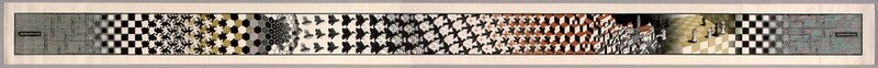 Twelve sections of interlocking patterns in black, olive green, and burnt orange fill this very long and narrow horizontal color woodcut, which is printed on cream-white paper. On either end of the print are gray sections with intersecting lines, and the next section in on each side is a black and white checkerboard. Moving from left to right after the first checkerboard: the next section has stylized black and white flower blossoms on an olive-green background. Next are hexagons in shades of olive green and black, followed by black birds that merge into white fish. The fish blend into black, white, and orange cubes facing our right. The cubes give way to five chess pieces on an olive-green and white checkered surface. The image is outlined with a thin black border, leaving a narrow margin on all sides. The artist inscribed “MCE” in the lower left of the block, and “XI '39-III '40” in the lower right. He signed “MC Escher, eigendruk” in pencil below the printed image in the lower left.