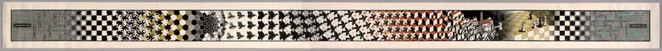 Twelve sections of interlocking patterns in black, olive green, and burnt orange fill this very long and narrow horizontal color woodcut, which is printed on cream-white paper. On either end of the print are gray sections with intersecting lines, and the next section in on each side is a black and white checkerboard. Moving from left to right after the first checkerboard: the next section has stylized black and white flower blossoms on an olive-green background. Next are hexagons in shades of olive green and black, followed by black birds that merge into white fish. The fish blend into black, white, and orange cubes facing our right. The cubes give way to five chess pieces on an olive-green and white checkered surface. The image is outlined with a thin black border, leaving a narrow margin on all sides. The artist inscribed “MCE” in the lower left of the block, and “XI '39-III '40” in the lower right. He signed “MC Escher, eigendruk” in pencil below the printed image in the lower left.