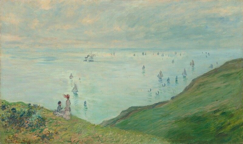 From a high perspective, we look beyond two overlapping, emerald-green hills to a body of powder-blue water dotted with sailboats in this loosely painted horizontal landscape. Closest to us, the hills create a shallow V that spans the lower third of the composition, with the right-hand hill rising to more than halfway up the right edge. The hills are painted with dashes and long strokes mostly in seafoam, shamrock, and celery green, with some swipes of peach, goldenrod yellow, and royal blue. On the hill to our left, one woman sits and the other stands next to her. They wear hats, long-sleeved, fitted jackets, and long skirts in tones of dusky pink and dove gray. A touch of peach on the seated woman, to our left, gives the impression of a pale face. A red veil or scarf at the back of the other woman’s hat is lifted, as if in the wind. The water is painted with blended strokes of pale blue, light turquoise, smoky mauve pink, and touches of soft peach. The horizon comes two-thirds of the way up the composition, and the sky is painted with the same tones of blue, green, and peach to suggest a screen of clouds. Triangles and dashes of slate blue suggest about three dozen sailboats, rowboats, and one steamship in the rippling water. Squiggles of teal and sage green create reflections for some of the boats. The brushstrokes are visible throughout. In some areas, the paint is so thinly applied that the texture of the canvas shows through, especially in the sky. The artist signed the work in the lower left corner: “Claude Monet 82.”