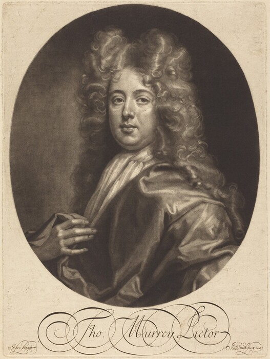 The image displays a man from the waist up, faced slightly to his right. He has a round face with prominent cheeks, a straight nose, and full lips. His hair is curly and voluminous, flowing down around his shoulders. The man wears a luxurious garment with billowing sleeves and a white cravat at his neck. His left hand rests on the garment near his chest. The background is a neutral dark tone, and an oval frame surrounds the subject. At the bottom of the image is elegant script that reads "Tho: Murry Pictor."
