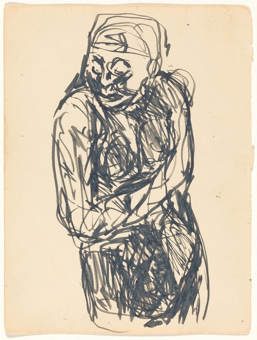 The image depicts a sketch of a person's upper body in a dynamic pose, with their head tilted slightly forward and to one side, and their arms crossed in front of them. The person’s facial features are abstractly rendered with heavy lines, giving the impression of eyes and a nose, and they have short hair that appears close to the scalp. Their clothing appears to be suggested with thick, dark lines, covering the top part of the body. The background is a plain, light-colored surface, without any additional objects or details present.