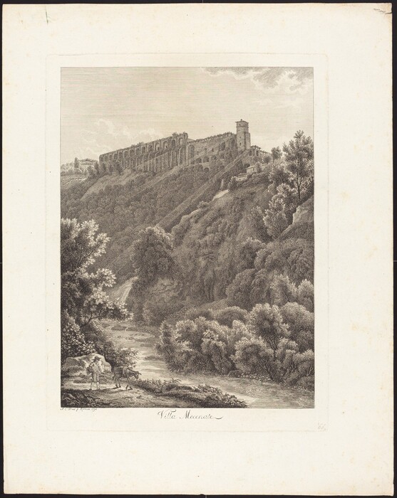 The image depicts a landscape with an elevated perspective. The horizon is high in the composition, featuring an ancient villa or aqueduct named Villa Mecenate on a hillside. The fine and detailed brushstrokes create a textured effect for the vegetation and architecture. The color palette is monochromatic, using shades of black, gray, and white for depth and shadow. In the foreground, a man with a donkey stands near a river, leading into lush, detailed trees on rolling hills. The sky has a few clouds against a blank backdrop, adding to the serene atmosphere.