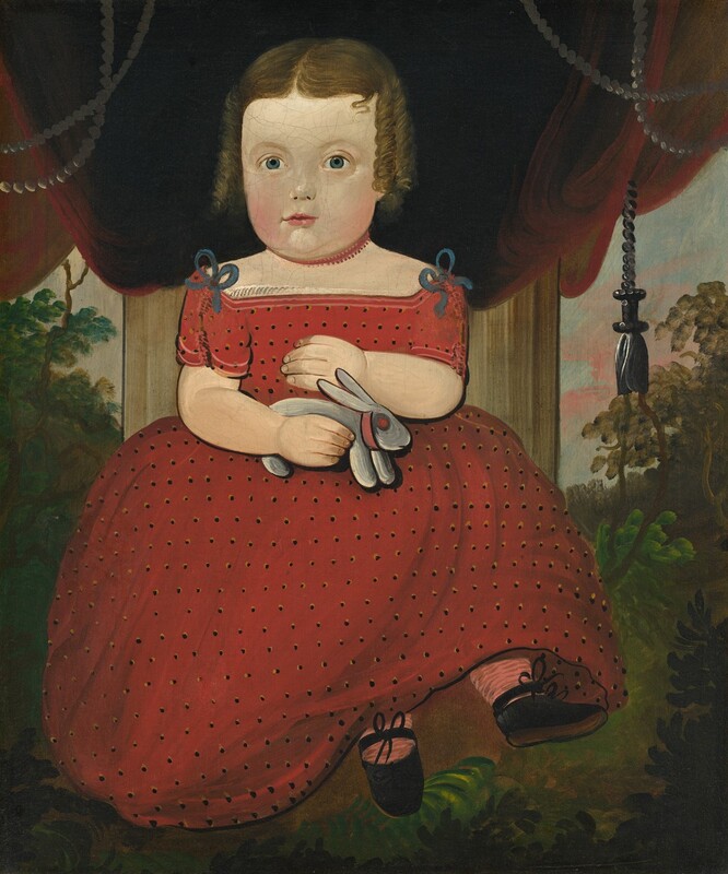 A young, round-cheeked, pale-skinned child wears a red dress and sits in front of a landscape in this vertical portrait painting. Her dark blond hair is parted down the middle and pulled to the sides to make ear-length ringlets that frame her square face. She has faint, arched brows, wide-set, large blue eyes, a tiny nose, and a bow-shaped mouth over a bulb-like chin. The garnet-red dress is patterned with rows of tiny black dots. The bodice has a straight neckline and slate-blue bows over short sleeves. The child’s pink stockings and black shoes tied with bows peek out from the long hem of the skirt, where one foot kicks up and the other points toes down as if swinging her feet back and forth. She gently holds a toy rabbit, which has gray fur, pink eyes, and a pink collar, with one hand in her lap. The other hand cups lightly against her chest. A burgundy-red curtain hangs behind her, filling the top third of the background. A tan-colored column, wider than the girl’s shoulders, is immediately behind the curtain, and trees and shrubs reach into the distance under a pink-streaked blue sky.