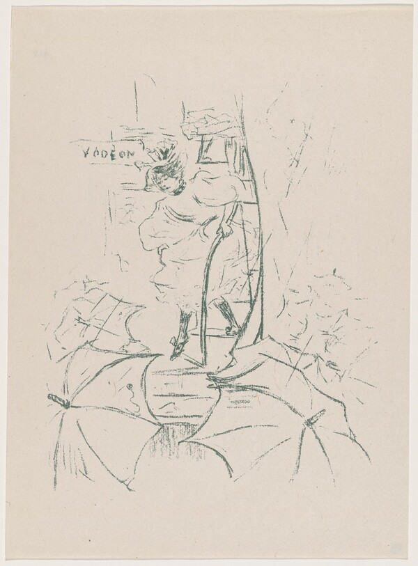 untitled (Woman descending onto a street of umbrellas)