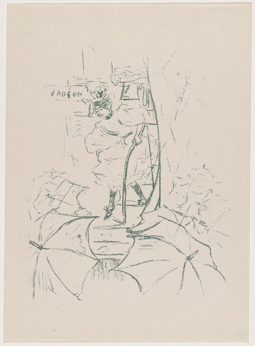 untitled (Woman descending onto a street of umbrellas)