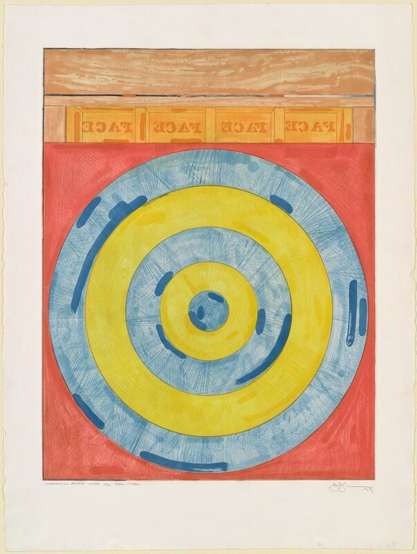Concentric faded denim-blue and lemon-yellow rings forming a target alternate against a ruby-red background in this vertical etching. The innermost circle is blue and is followed by two yellow and two more blue rings. Streaks in darker tones of blue, yellow, and red are drawn mostly at the edges of the rings. A row of four orange blocks, each with the word "FACE" printed backward and in darker orange, lines the target along the top edge. The trim around the blocks and across the top quarter of the etching is streaked with tones of light tan and brown. The uppermost slat is separated from the words below by a thin blue line and two darker brown sections suggesting hinges. The printed image is surrounded by a wide white margin. Pencil inscriptions under the printed image reads “WORKING PROOF WITH IN ADDITION” to the left and "J J '79" to the right.