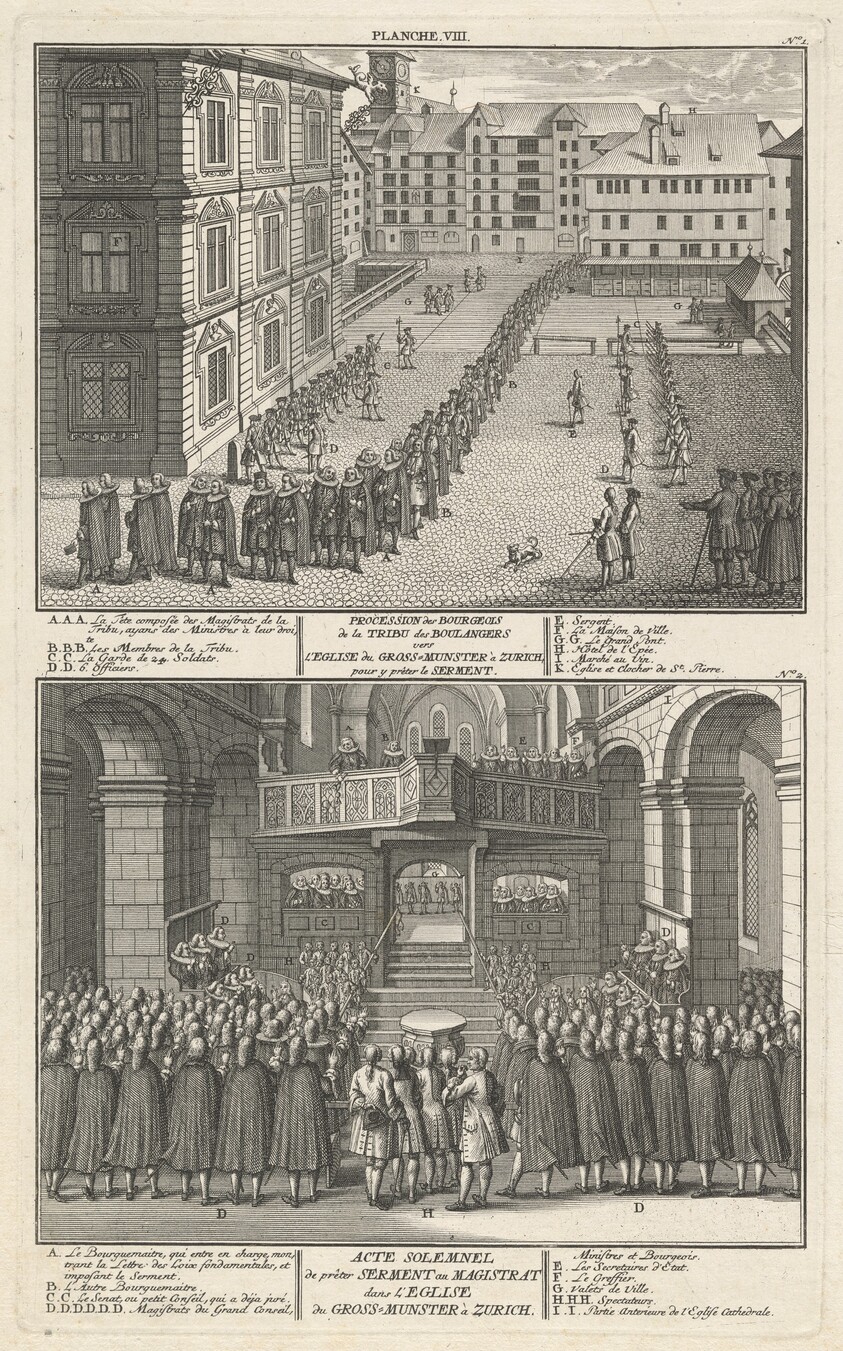 Procession des Bourgeois de la Tribu des Boulangers vers l’Eglise du Grossmunster à Zurich, pour y prêter le Serment; Acte Solemnel de prêter Serment au Magistrat dans l’eglise du Grossmunster à Zurich (Procession and Sermon at the Grossmunster)