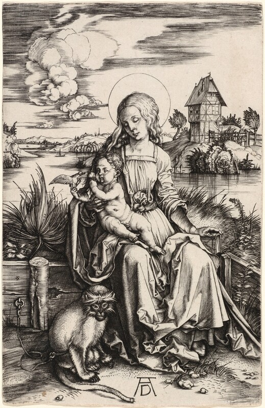 Printed with fine black lines and velvety black shading on off-white paper, a woman, baby, and monkey sit in a landscape with a body of water and a house on the far bank in this vertical engraving. In the center of the composition, the woman sits with her knees angled slightly to our right, but she turns to look down at the baby, held at her other hip. She has hooded eyes, a straight, thin nose, thin lips, and a rounded, narrow chin. Long wavy hair falls behind her shoulders, and her dress has a square neckline and voluminous sleeves and skirt. The sleeve of her left arm, to our right, is pushed up to the elbow, and that hand rests on the spin of a book. The nude child leans into her other hand, looking at a bird he holds by the legs. The child has short, curly hair, round cheeks, and a pudgy body. With his other hand, he holds up a small sack pierced with holes to the bird, which flaps its wings wide. The monkey crouches at the woman’s right foot, to our left, and comes almost to her knee. The animal’s eyes slant dramatically up at the outer corners, and a blaze of fur surrounds its face. It is tied around the middle and tethered to an iron ring affixed to a low, wooden, garden wall. The woman and child sit in the corner of the wall, which continues toward us to the right. Sailboats dot the water, which leads back to a tiny, distant town and mountains on the horizon. In the top third of the print, puffy and screens of clouds span the sky. The artist signed the print with his initials, an uppercase “D” tucked between the long legs of an uppercase “A” in the lower center.