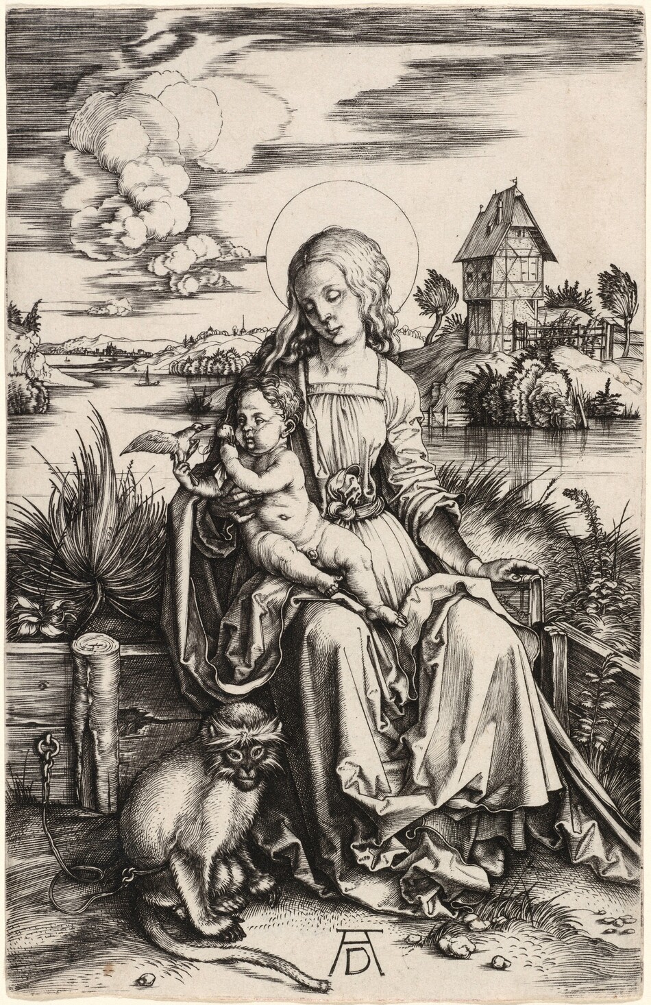 Printed with fine black lines and velvety black shading on off-white paper, a woman, baby, and monkey sit in a landscape with a body of water and a house on the far bank in this vertical engraving. In the center of the composition, the woman sits with her knees angled slightly to our right, but she turns to look down at the baby, held at her other hip. She has hooded eyes, a straight, thin nose, thin lips, and a rounded, narrow chin. Long wavy hair falls behind her shoulders, and her dress has a square neckline and voluminous sleeves and skirt. The sleeve of her left arm, to our right, is pushed up to the elbow, and that hand rests on the spin of a book. The nude child leans into her other hand, looking at a bird he holds by the legs. The child has short, curly hair, round cheeks, and a pudgy body. With his other hand, he holds up a small sack pierced with holes to the bird, which flaps its wings wide. The monkey crouches at the woman’s right foot, to our left, and comes almost to her knee. The animal’s eyes slant dramatically up at the outer corners, and a blaze of fur surrounds its face. It is tied around the middle and tethered to an iron ring affixed to a low, wooden, garden wall. The woman and child sit in the corner of the wall, which continues toward us to the right. Sailboats dot the water, which leads back to a tiny, distant town and mountains on the horizon. In the top third of the print, puffy and screens of clouds span the sky. The artist signed the print with his initials, an uppercase “D” tucked between the long legs of an uppercase “A” in the lower center.