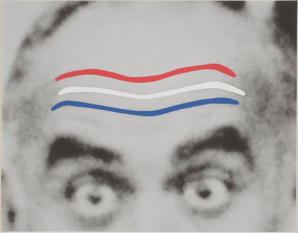 The image shows two wavy, parallel lines in red, white, and blue on top of a blurred background. Below the lines is a grayscale illustration of a pair of eyes and eyebrows.