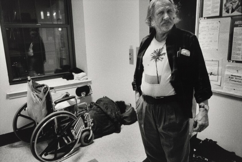 Boston (As the temperature drops, Linda and Gerald reluctantly spend the night at a shelter, rather than on the streets. This emergency facility, which will admit people who are drunk, is sometimes referred to on the street as the "Nightmare Center" or "Fright Center." There are no beds, so guests must sleep on chairs or on the floor. Linda sleeps under her wheelchair because she worries that someone might steal it.)