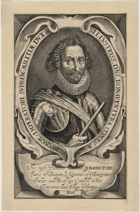 The image displays a portrait of a man from his chest upwards, facing forward with his head turned slightly to his left. He has a curling mustache, small beard, curly hair styled back, and is dressed in a historical military outfit with decorative armor, a draped sash, and a textured ruff around his neck. He holds a baton in his right hand. The portrait is framed with ornate scrolling designs and text around and beneath the figure, likely denoting his titles and achievements. The background is filled with fine lines for depth and texture.