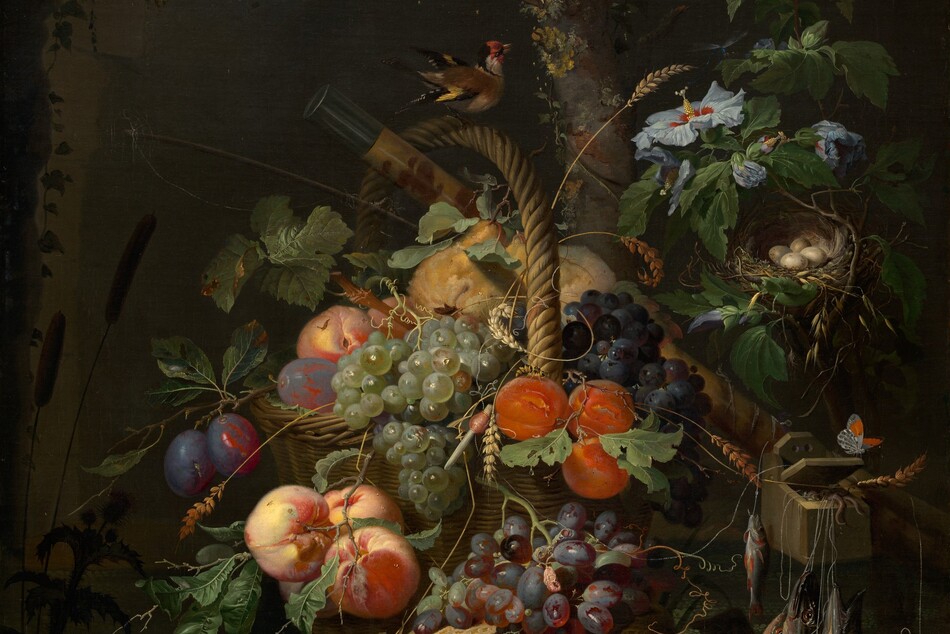 Fruit, flowers, birds, small animals, insects, and fish are piled in and set around a woven basket in woodland setting in this vertical still life painting. The color palette is dominated by rich colors of emerald and pine green, plum purple, butter yellow, and pumpkin orange, with touches of silver and robin’s egg blue. The scene is lit strongly from our left, and the background is swallowed in shadow. The wicker basket with its tall, arched handle has been set before a rough-hewn, stone archway. Birds perch in the tree branches above the basket and on the handle. The fruit in the basket includes green, red, and purple grapes, peaches, plums, oranges, and yellow pears. Tendrils of wheat wind through the fruit and leaves, and around the handle. Green, striped gourds sit to our left next to a cantaloupe at the foot of the basket. Green frogs, a living and a dead lizard, a caterpillar, snail, and insects sit, lie, or move on the dirt ground around the gourds and melon. To our right, about a third of the way up the composition, worms spill out of a wooden box from which hang several fishing lines holding silvery fish. A small, ivory-white butterfly with black markings and a patch of vivid orange on each wing sits on the lid of the box. Above the box of bait, a nest with four cream-white eggs is tucked among the branches of a hibiscus plant with pale blue, flaring blossoms. A mossy, narrow oak tree trunk bearing acorns rises behind the basket, in front of the stone arch, and off the top edge of the painting. A fishing rod and a cylindrical wooden case painted golden yellow with rust-red designs are propped at the back of the basket. Dark silhouettes of cattails, rocks, and frogs are shown around a pool of water in the lower left corner.