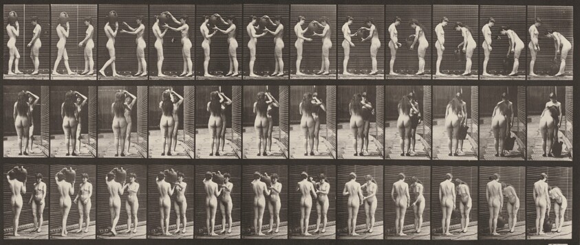 Plate Number 447. Woman taking a water jar from the shoulder of another woman