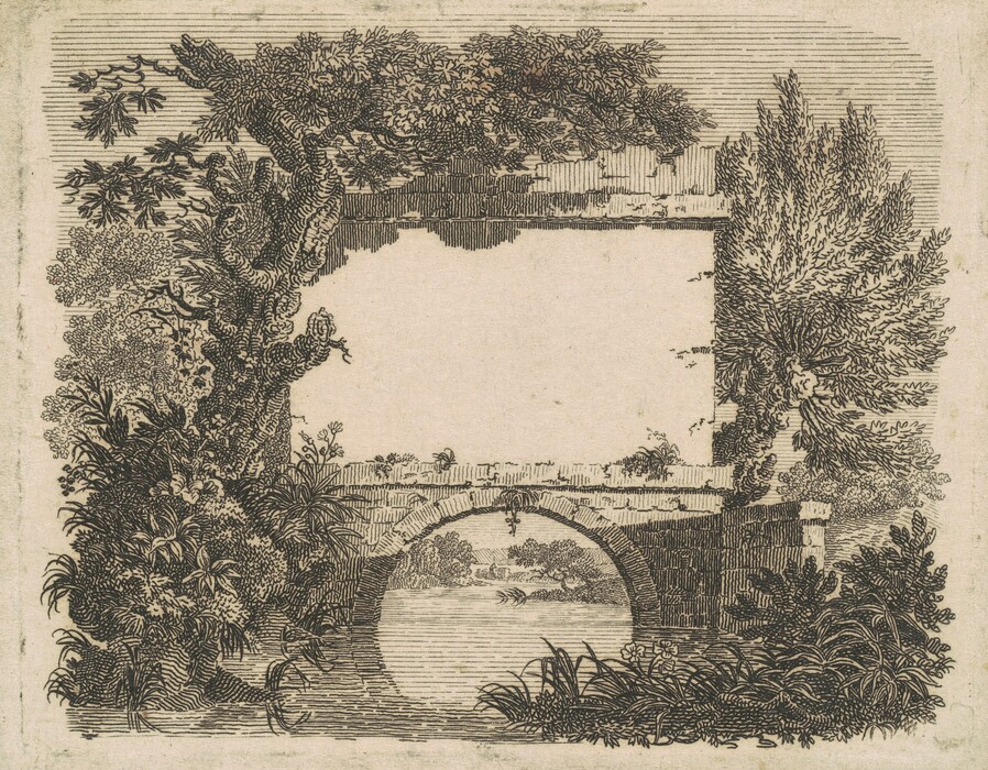 The image shows a landscape view created in a detailed line drawing. In the center is an arched stone bridge over a body of water. Beyond the bridge, there are softly outlined distant vegetation. The image features detailed etchings for foliage, with leafy trees and plants bordering the edges. The color scheme is monochrome with dark lines against a light background.