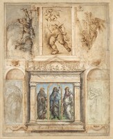 Page from the Collection of Niccolò Gaddi (So-Called "Vasari Page"), Florentine 16th century, The "Chief Framer", Raffaellino del Garbo, and Sandro Botticelli, and Filippino Lippi, Sheets probably 1480-1504; mounting & framework c. 1575/1590