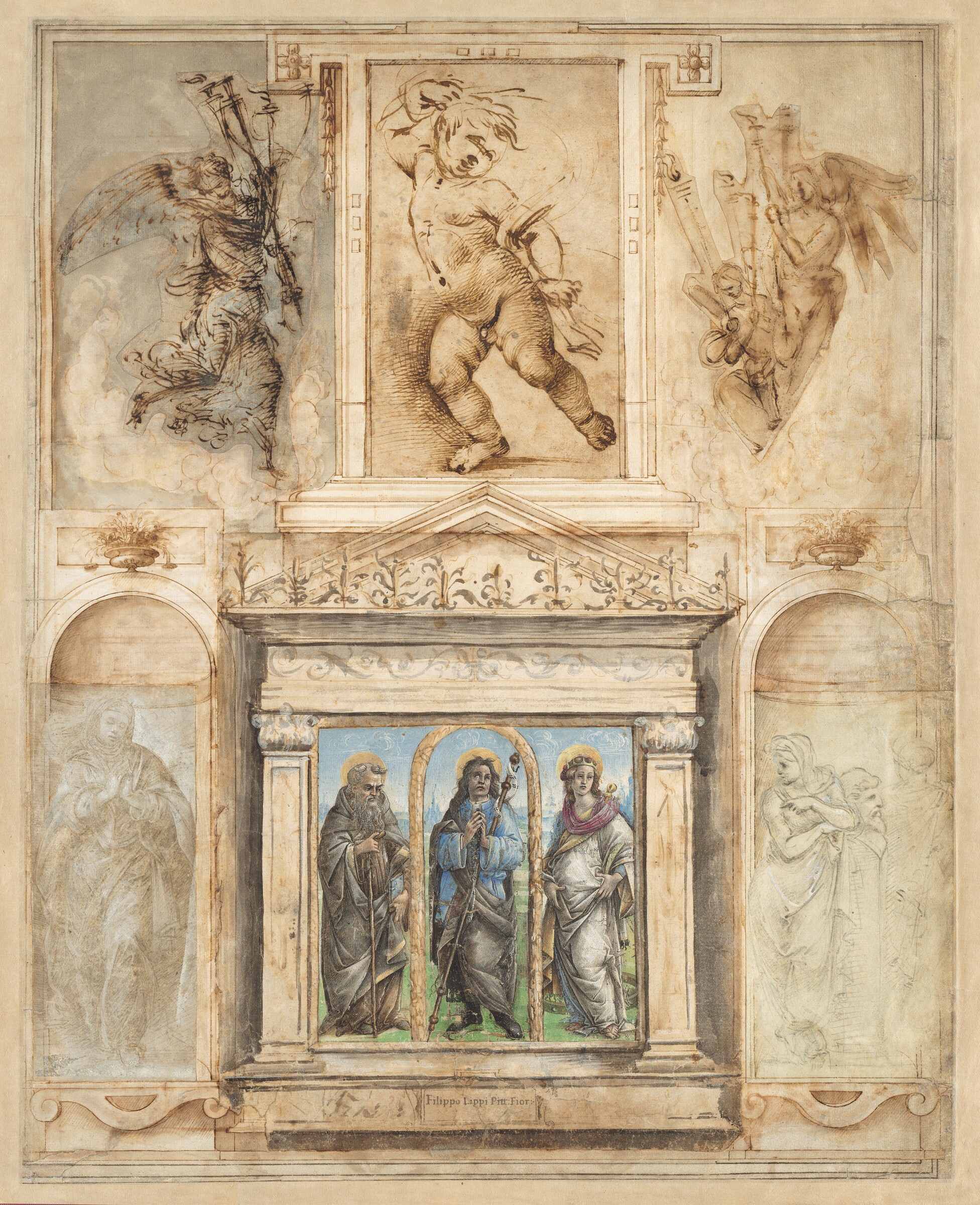 Page from the Collection of Niccolò Gaddi (So-Called "Vasari Page"), Florentine 16th century, The "Chief Framer", Raffaellino del Garbo, and Sandro Botticelli, and Filippino Lippi, Sheets probably 1480-1504; mounting & framework c. 1575/1590