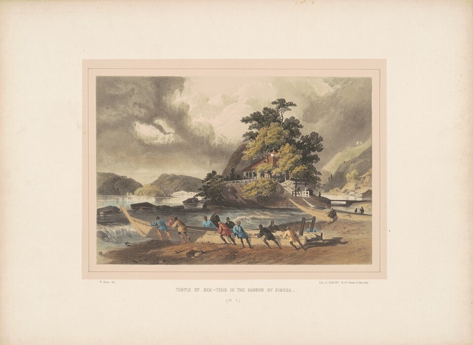 The image shows the Temple of Ben-Teng in the harbor of Simoda. The viewpoint is slightly elevated, capturing the harbor scene. The horizon line is high, with distant rolling hills and mountains blending into a sky with heavy clouds. In the center, a group of people in blue, red, and earthy colors manage a boat on the shore. Further back, a rocky island with green trees and a small temple structure emerges from the harbor. The colors are earthy and muted with harmonious greens, grays, and browns. Brushstrokes are detailed and precise, creating a detailed yet atmospheric scene. The background smoothly transitions from detailed foreground to misty mountains and skies in the distance.