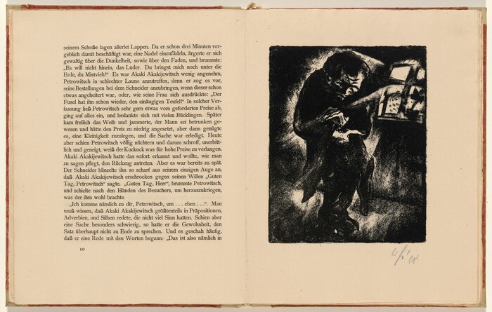 The image is an illustration of a figure on the right page of an open book. The person is leaning forward slightly, appearing focused on a task. The facial features are not distinct, and the hair seems dark and possibly short. The individual is dressed in dark clothing blending into the shadows. There are no visible accessories or objects. The background is minimalistic and dark, with a highlighted area indicating a window at the upper right casting light into the room. The page is filled with German text and contains a handwritten marking at the bottom of the illustration.