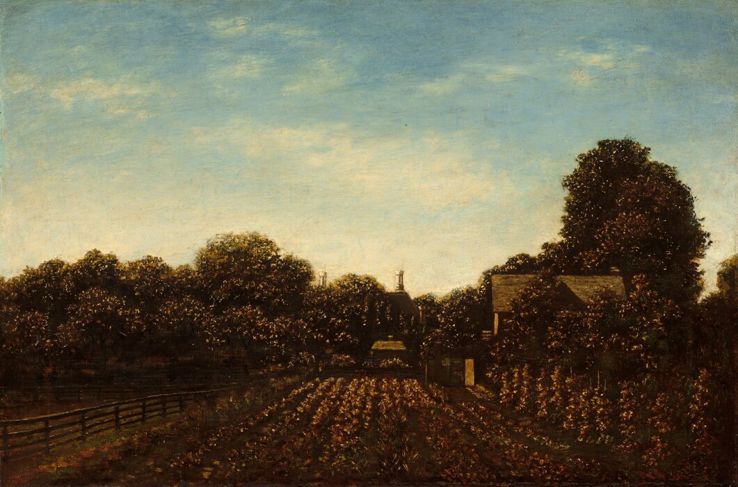 Neat, tended garden rows stretch away from us toward a band of trees in this horizontal landscape painting. Low plants grow across the middle of the scene, and higher plants are staked on poles to the right. A fence runs alongside the garden to the left, and a few structures are tucked among the trees’ bushy canopies. Two white chimneys are outlined against the watery blue sky on the far side of the tree line. The plants are painted with visible dabs of copper brown and ivory white, and the dark trees are highlighted with more white glints. The entire scene is backlit and shadowy, though, making details about the buildings, which might include a shed, gate, and house, hard to make out. Thin white clouds skim across the sky. Traces of a signature in red paint are visible in the lower right corner.