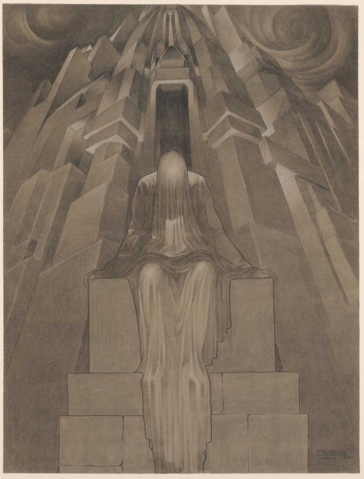 A Shrouded Figure Seated Before a Fantastic Skyscraper