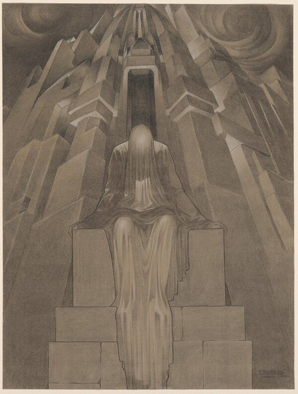 A Shrouded Figure Seated Before a Fantastic Skyscraper