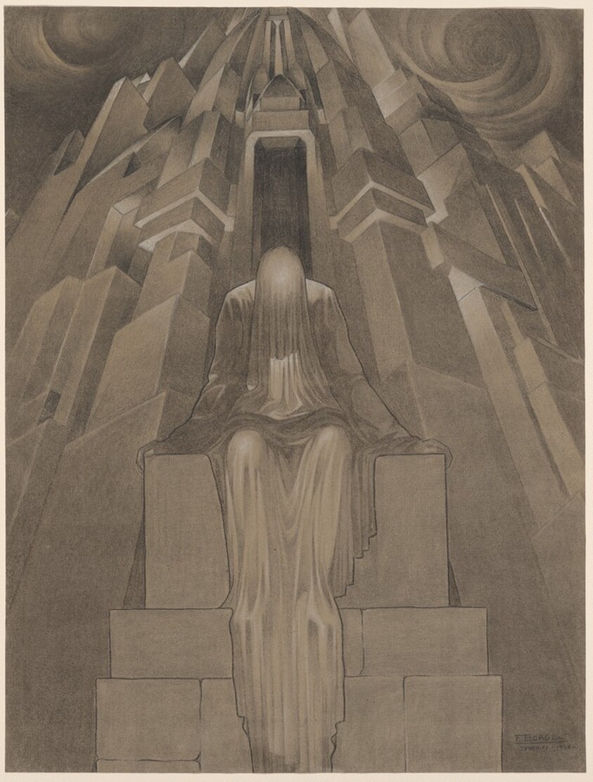 A Shrouded Figure Seated Before a Fantastic Skyscraper