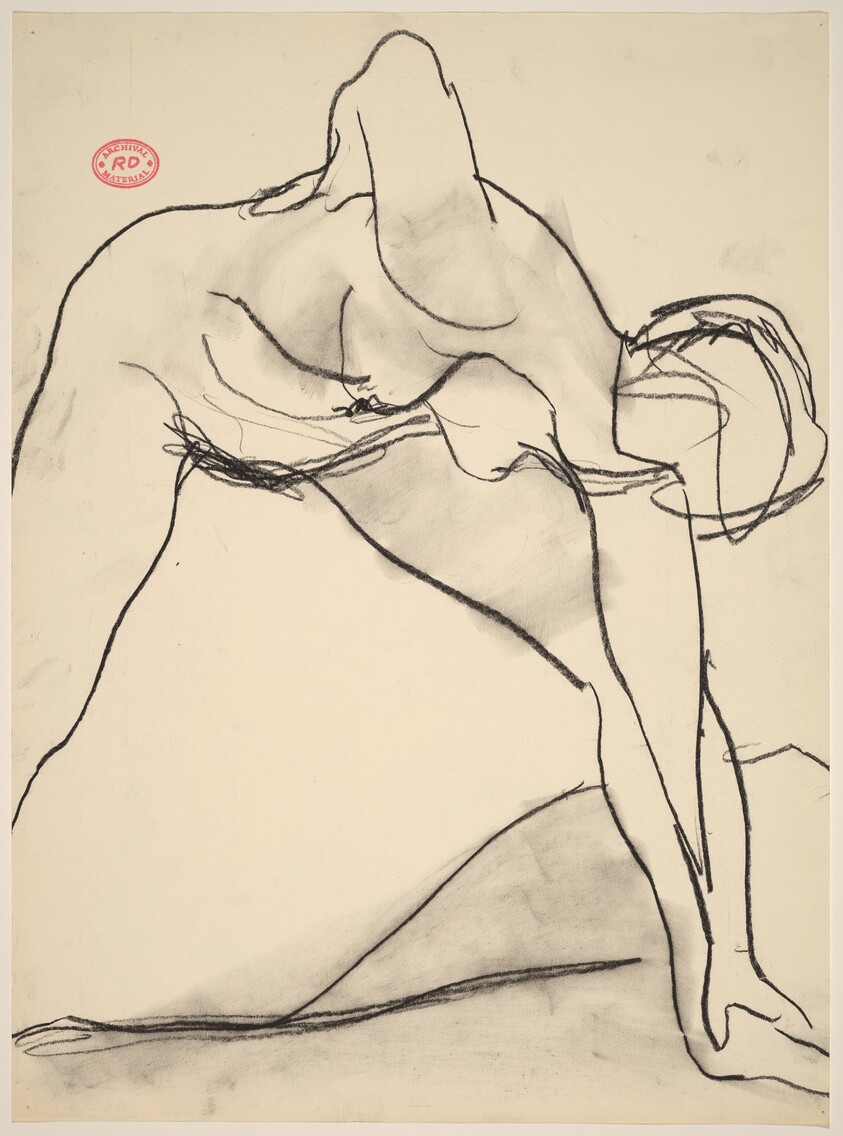 Untitled [female nude reaching down with left hand to grasp her foot]