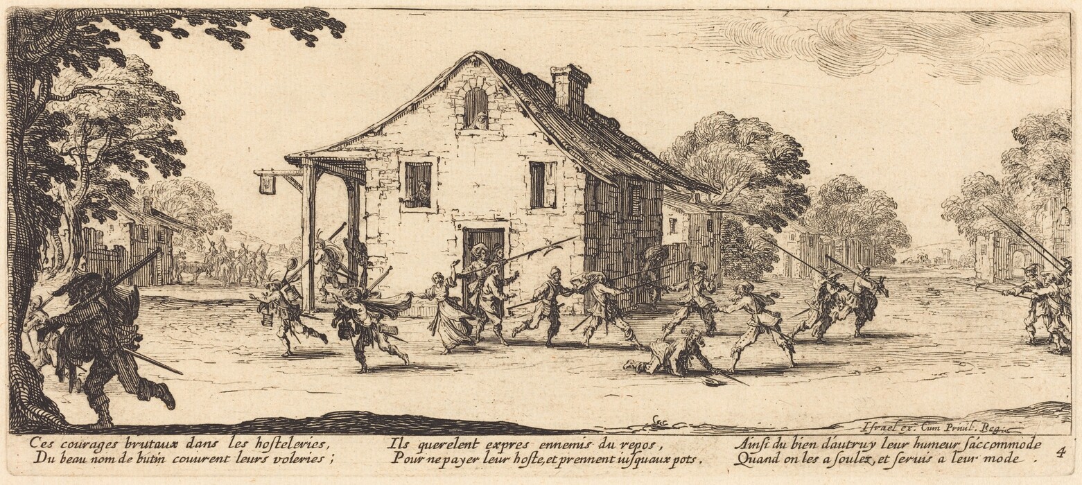 The image shows a group of figures in a skirmish near a large rustic structure. The horizon is in the middle, with trees receding into the distance. Trees frame the path leading to distant marching figures. There are no buildings on the horizon. The illustration uses intricate lines for detail, with crosshatching for shadows and depth. The color palette is black and white. Closest to us, figures wield poles in a lively scene. In the distance, marching figures are set against the sky and trees.