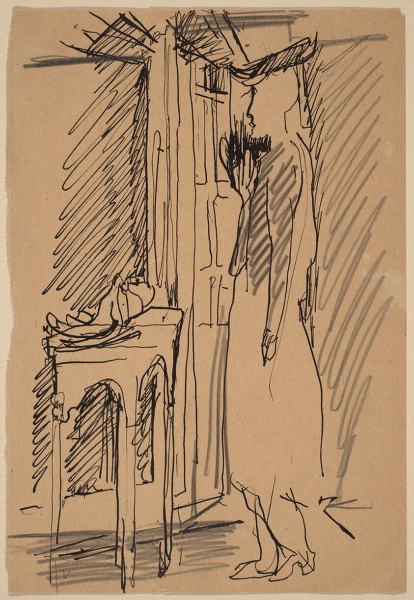 Standing Woman Looking Out Window, Next to Table with Fruit