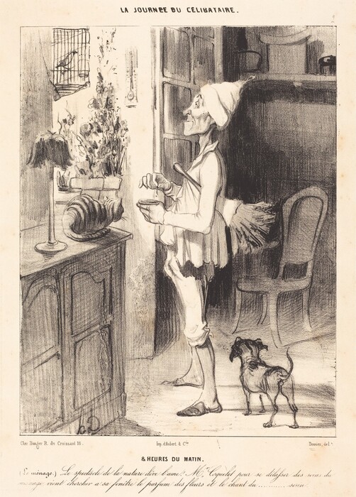 The image shows a man standing at a window, with exaggerated facial features. He is wearing a nightshirt and pajama trousers, with slippers on his feet. He is holding a cup and a newspaper, while a small dog stands nearby. A cat is curled up on a tabletop next to a candlestick, and there is a bird in a cage and potted plants nearby. The background includes a chair and a partly open cabinet.